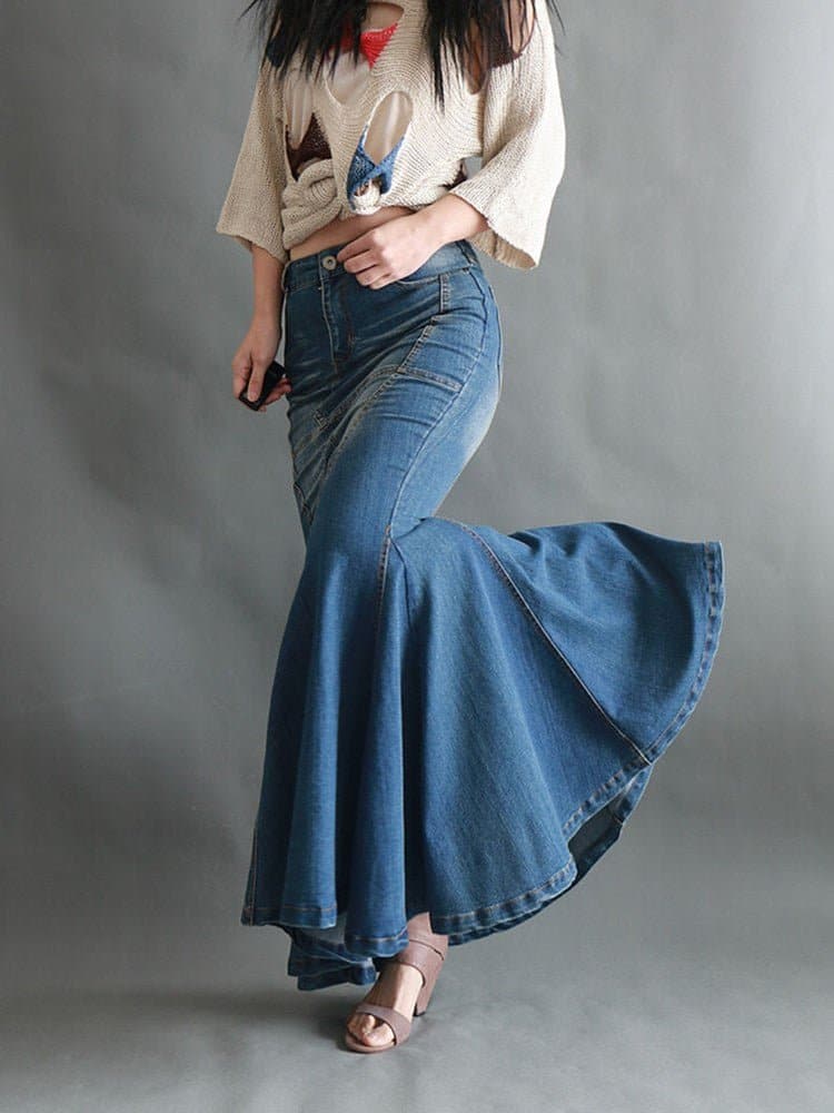 Mermaid Style Denim Jeans Long Maxi Skirts - Wandering Woman