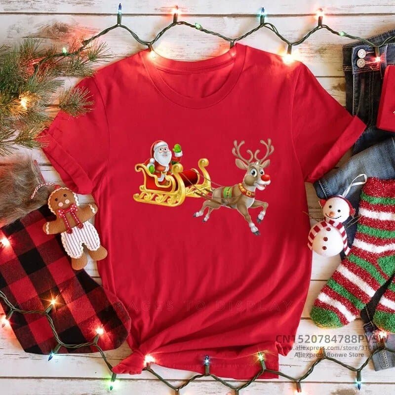 Merry Christmas Red Print T-shirts - Wandering Woman