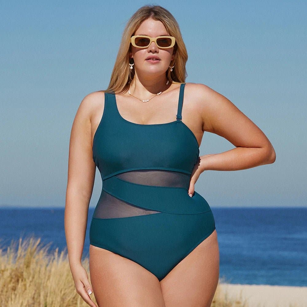 Mesh Swimsuit for Plus Size Women - Solid One Piece with One Shoulder and Removable Padded Cups - Wandering Woman