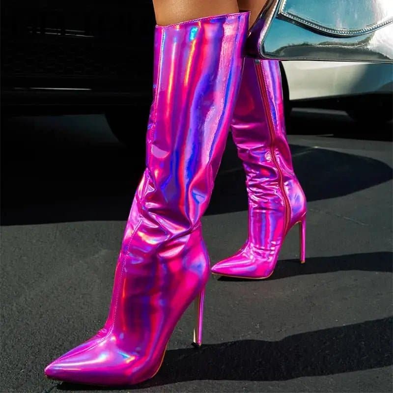 Metallic Leather Knee High Boots with Super High Heels - Stand out in Style - Wandering Woman