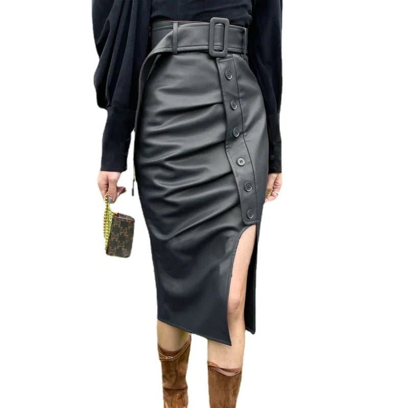Mid-Length Genuine Sheepskin Leather Skirt - Casual A-Line Style - Wandering Woman