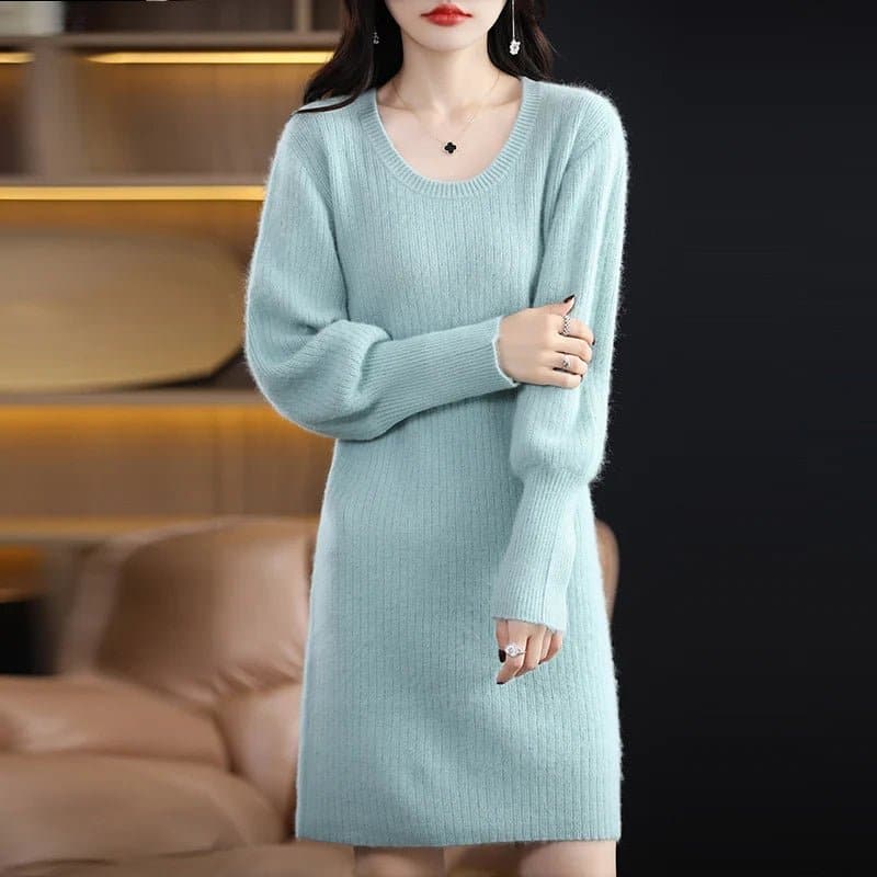 Mink Cashmere Long Sweater - High Stretch, Lantern Sleeves, Solid Pattern - Wandering Woman