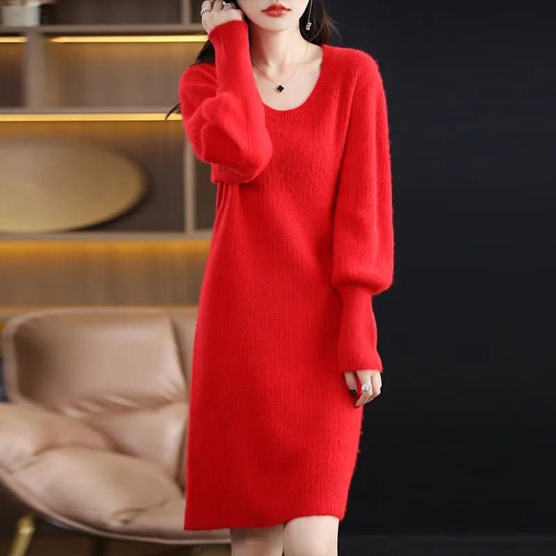 Mink Cashmere Long Sweater - High Stretch, Lantern Sleeves, Solid Pattern - Wandering Woman