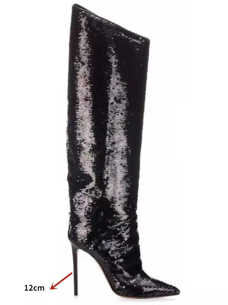 Mirror Knee High Stiletto Boots - 12CM Heel, Sexy Bling, Genuine Leather Lining - Wandering Woman