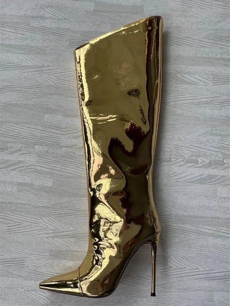 Mirror Knee High Stiletto Boots - 12CM Heel, Sexy Bling, Genuine Leather Lining - Wandering Woman