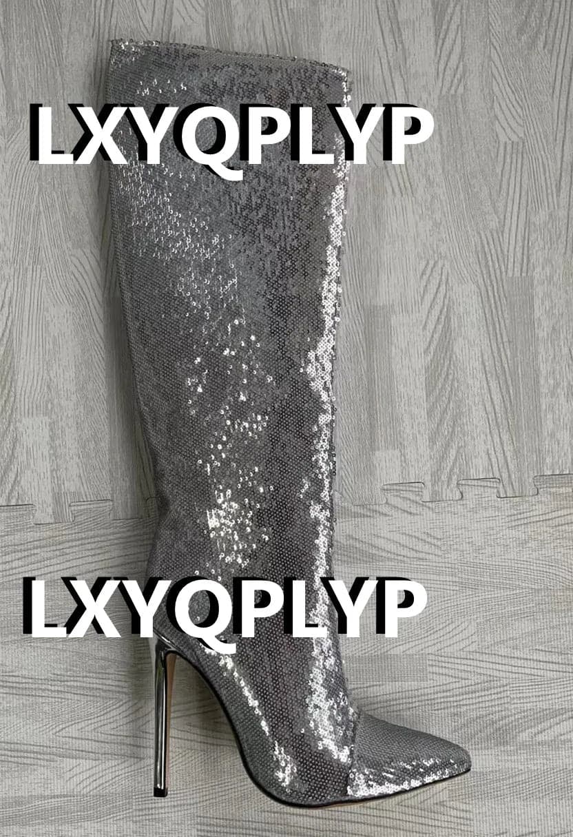 Mirror Knee High Stiletto Boots - 12CM Heel, Sexy Bling, Genuine Leather Lining - Wandering Woman