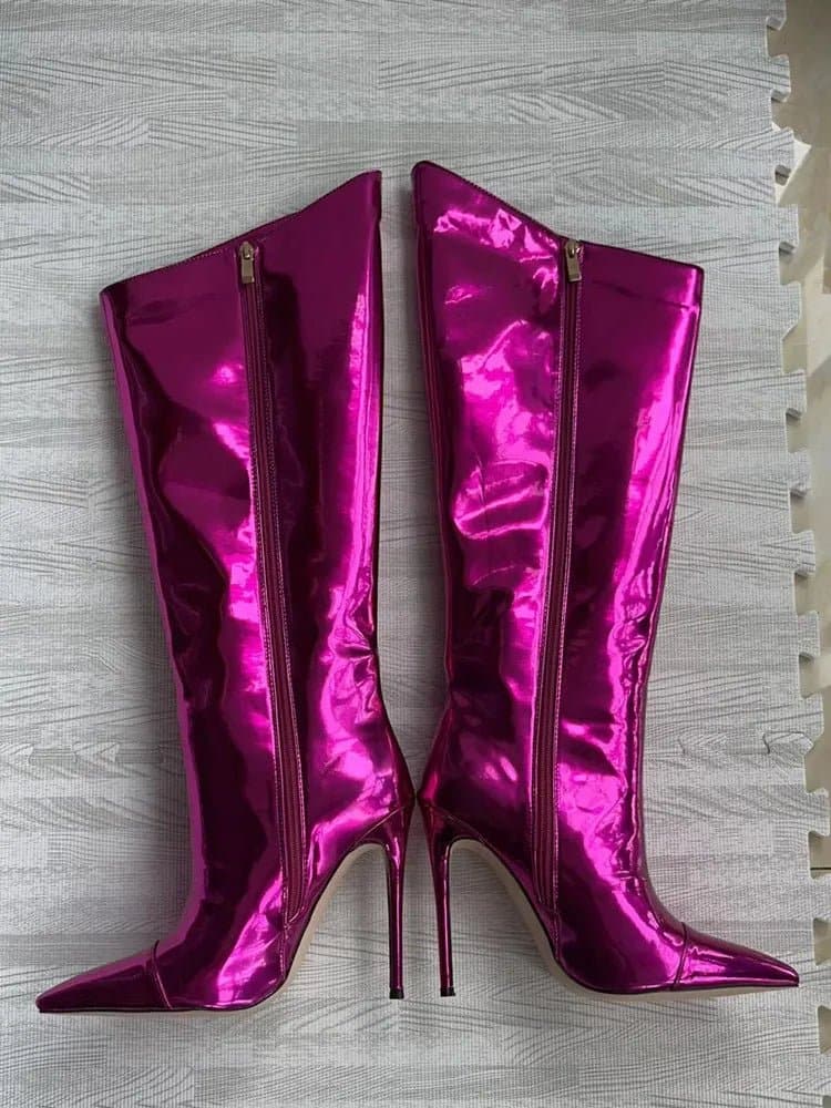 Mirror Knee High Stiletto Boots - 12CM Heel, Sexy Bling, Genuine Leather Lining - Wandering Woman