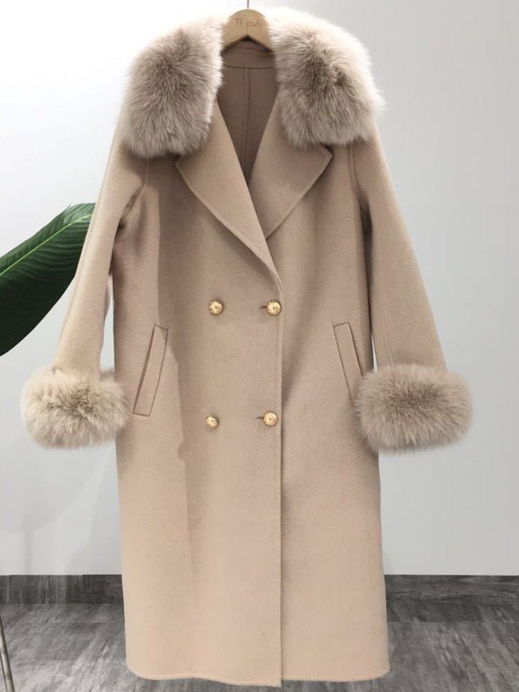 Natural Fox Fur Cashmere Wool Blends Coat - Wandering Woman