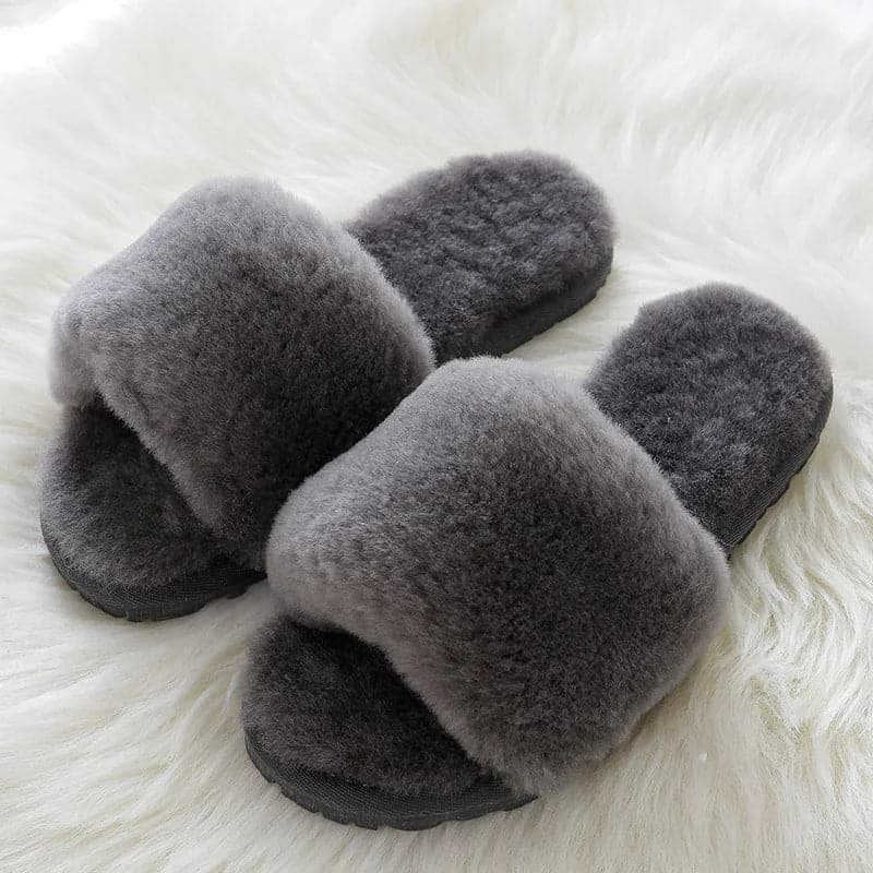 Natural Sheepskin Winter Slippers - Genuine Fur, Flat Heel, Indoor Shoes - Wandering Woman