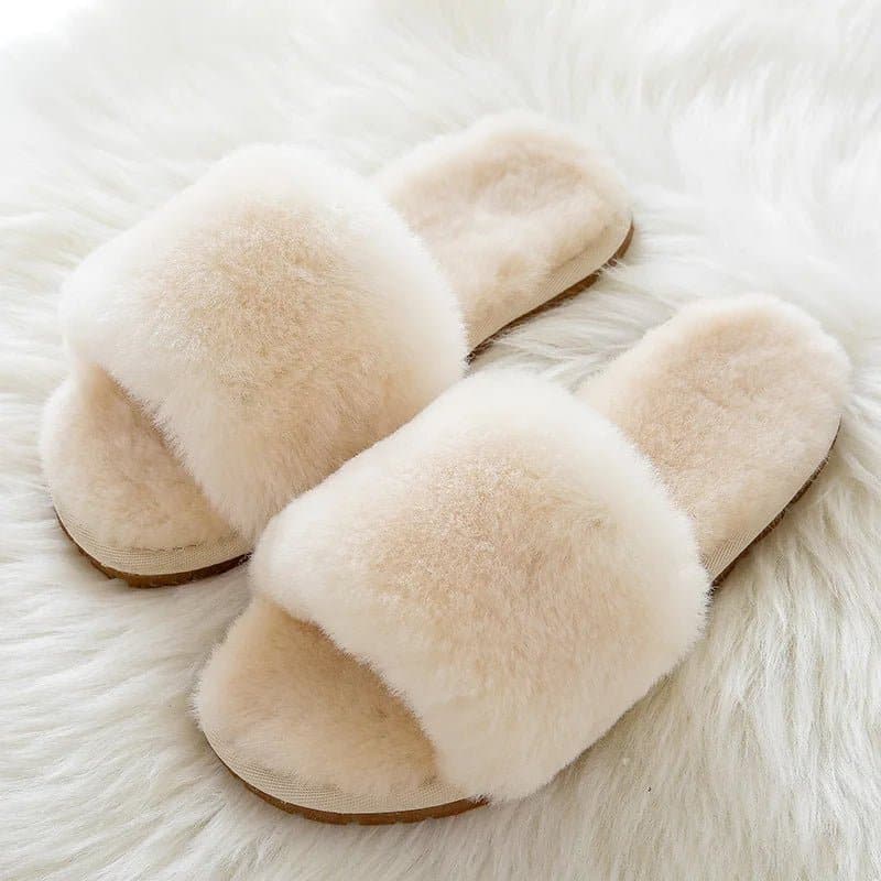 Natural Sheepskin Winter Slippers - Genuine Fur, Flat Heel, Indoor Shoes - Wandering Woman