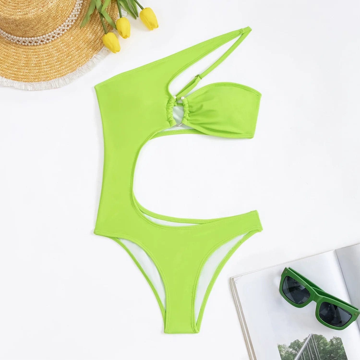 One Shoulder Cut Out Swimsuit - Solid Bodysuit for Women - Wandering Woman