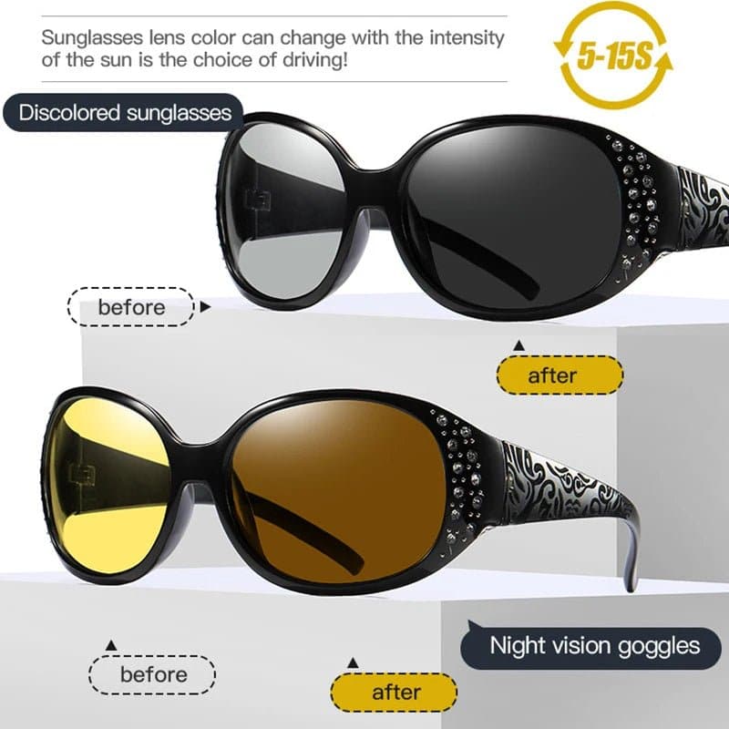 Photochromic Polarized Driving Shades for Women - Oval Style, UV400, Anti-Reflective - 52mm Lens Height, 57mm Lens Width - Rosybee 008 - Wandering Woman