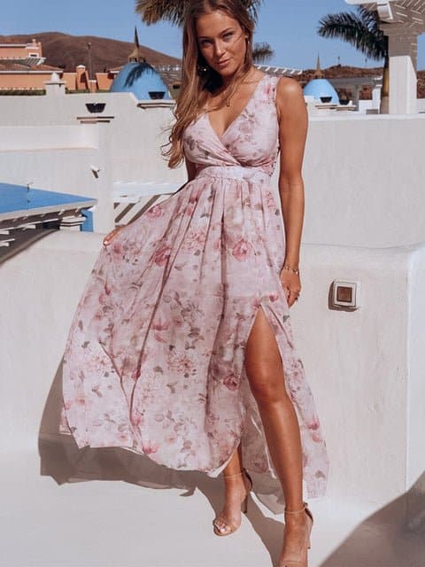 Pink Elegant Ladies Floral Print Maxi Dresses - Wandering Woman
