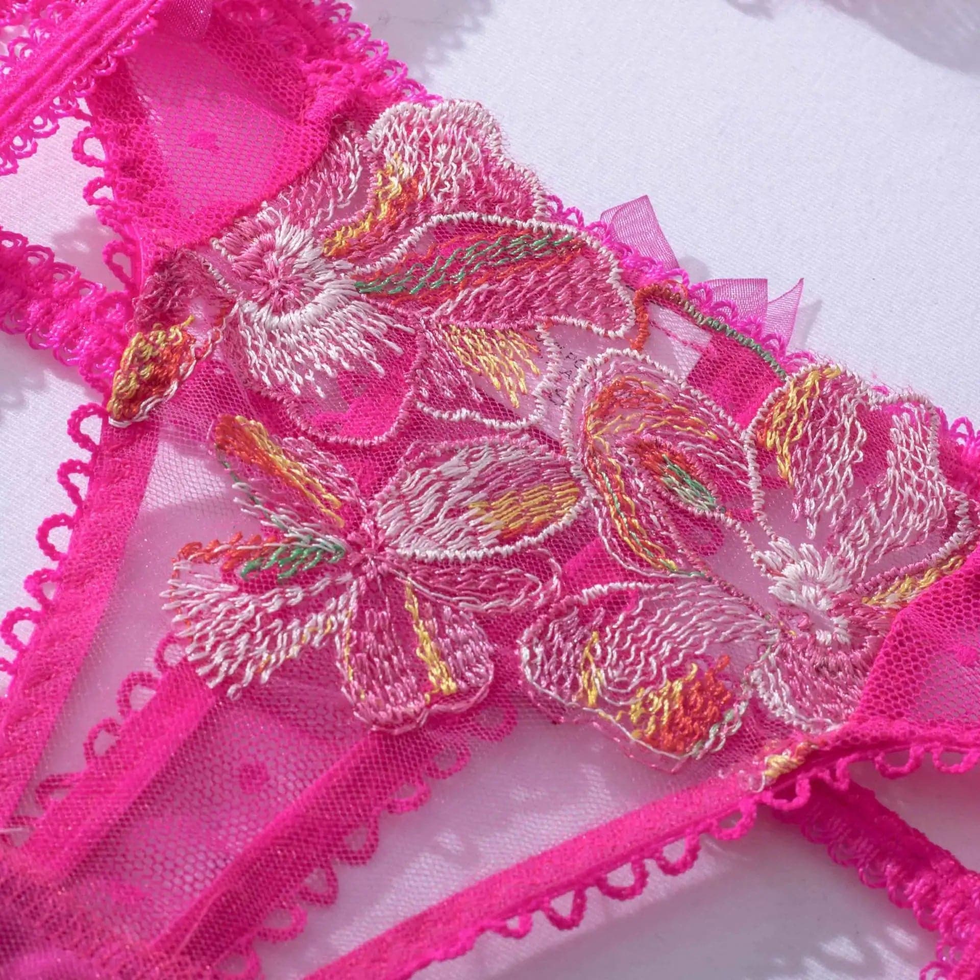 Pink Floral Embroidery Thongs Garter Bra Set - Sexy Women's Underwire Lingerie - Wandering Woman