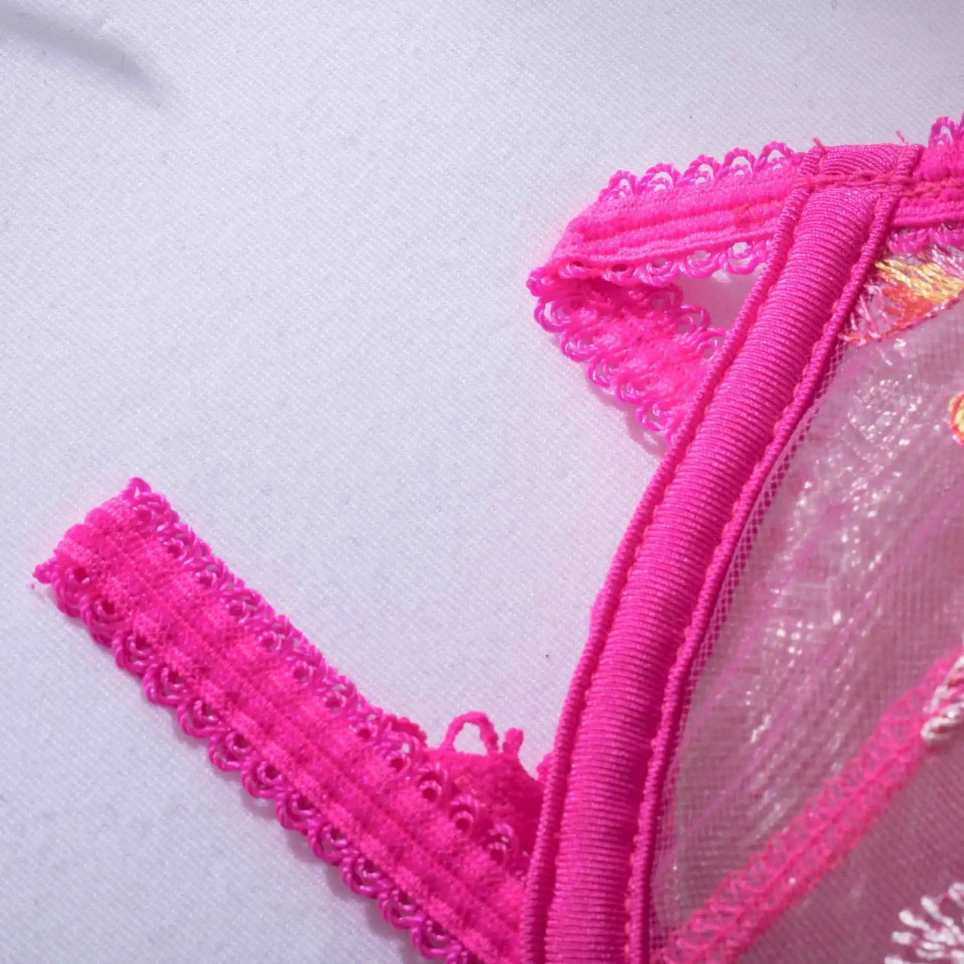 Pink Floral Embroidery Thongs Garter Bra Set - Sexy Women's Underwire Lingerie - Wandering Woman