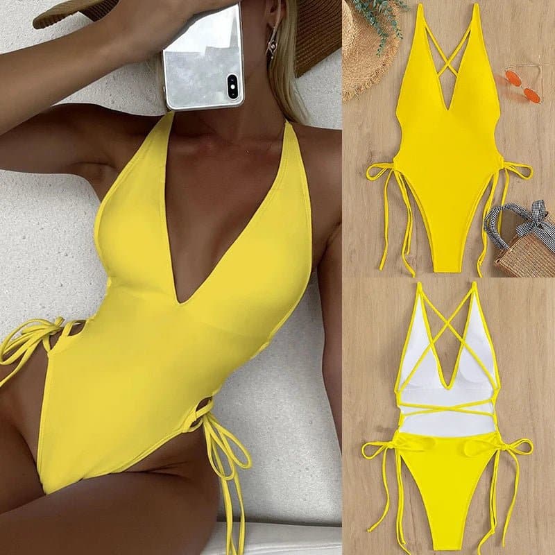 Plunging Lace Up Swimsuit - Wandering Woman