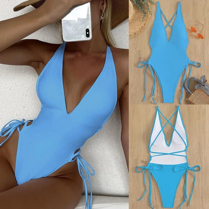 Plunging Lace Up Swimsuit - Wandering Woman