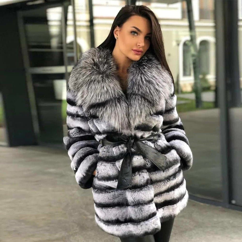 Rabbit Fur Coat with Silver Fox Fur Collar - Wandering Woman