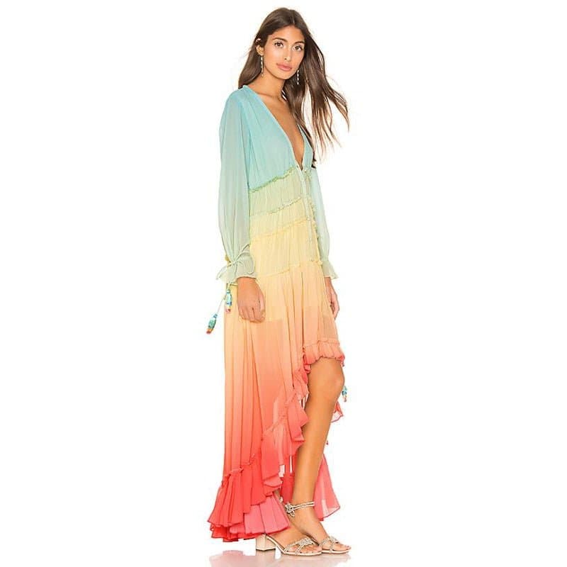 Rainbow Color Bohemian Maxi Dress - Wandering Woman
