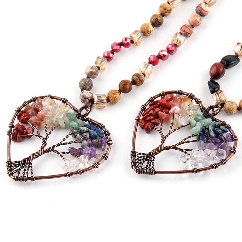 Rainbow Heart Pendant Necklace with Knotted Stone Design - Wandering Woman