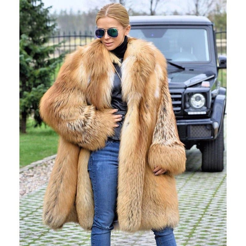 Red Fox Fur Coat With Lapel Collar - Wandering Woman