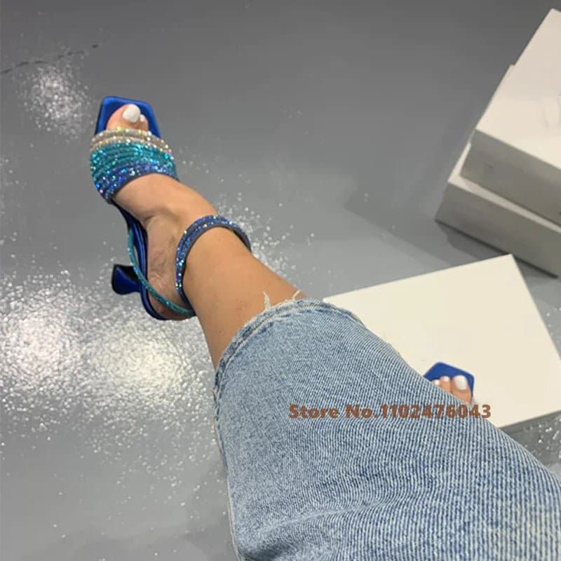 Rhinestone Ankle Strap Sandals with Super High Heels (8cm+) - Wandering Woman