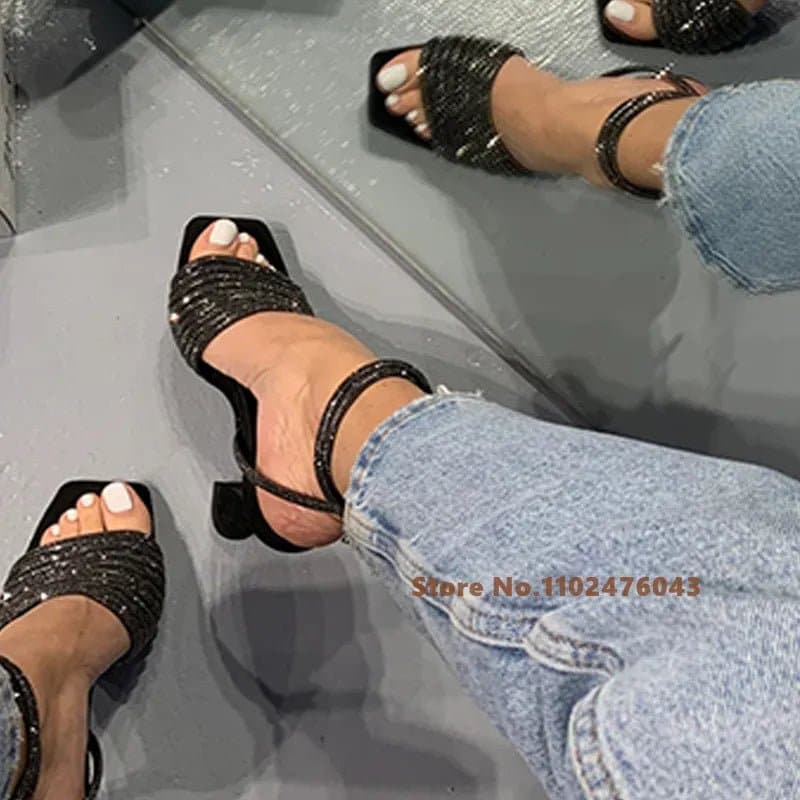 Rhinestone Ankle Strap Sandals with Super High Heels (8cm+) - Wandering Woman