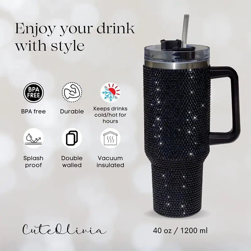 Rhinestone Embellished Travel Mug - 40oz Stainless Steel Vacuum Flask - Wandering Woman