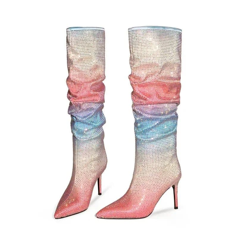Rhinestone High Heels Boots - 8.5cm Thin Heels, Knee-High, Sexy, Splicing - Wandering Woman