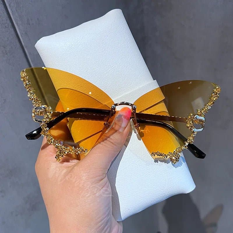Rhinestone Oversized Butterfly Sunglasses - UV400 Protection, 71mm Lens Height, 65mm Lens Width - Wandering Woman