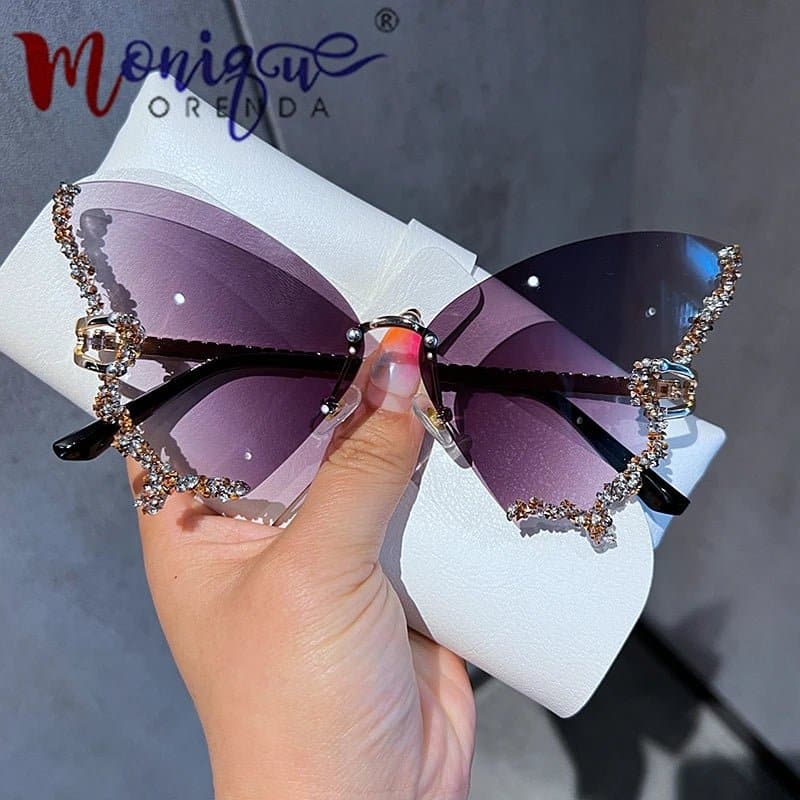 Rhinestone Oversized Butterfly Sunglasses - UV400 Protection, 71mm Lens Height, 65mm Lens Width - Wandering Woman