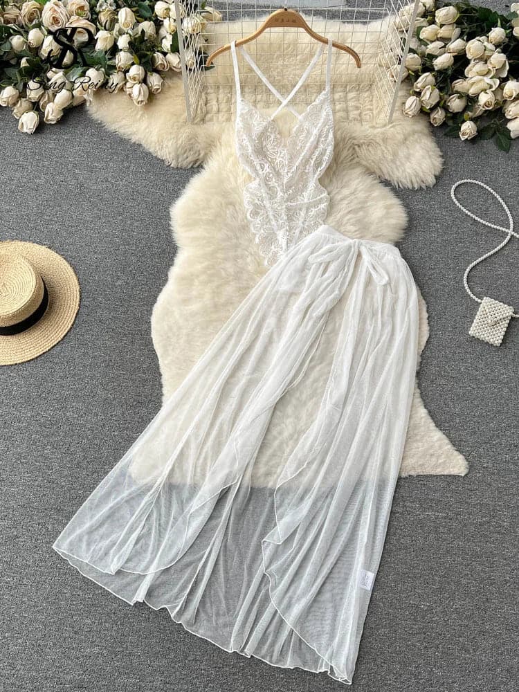 Sensual Lace Bodysuit with Chiffon Skirt - Sexy & Elegant Lingerie - Wandering Woman