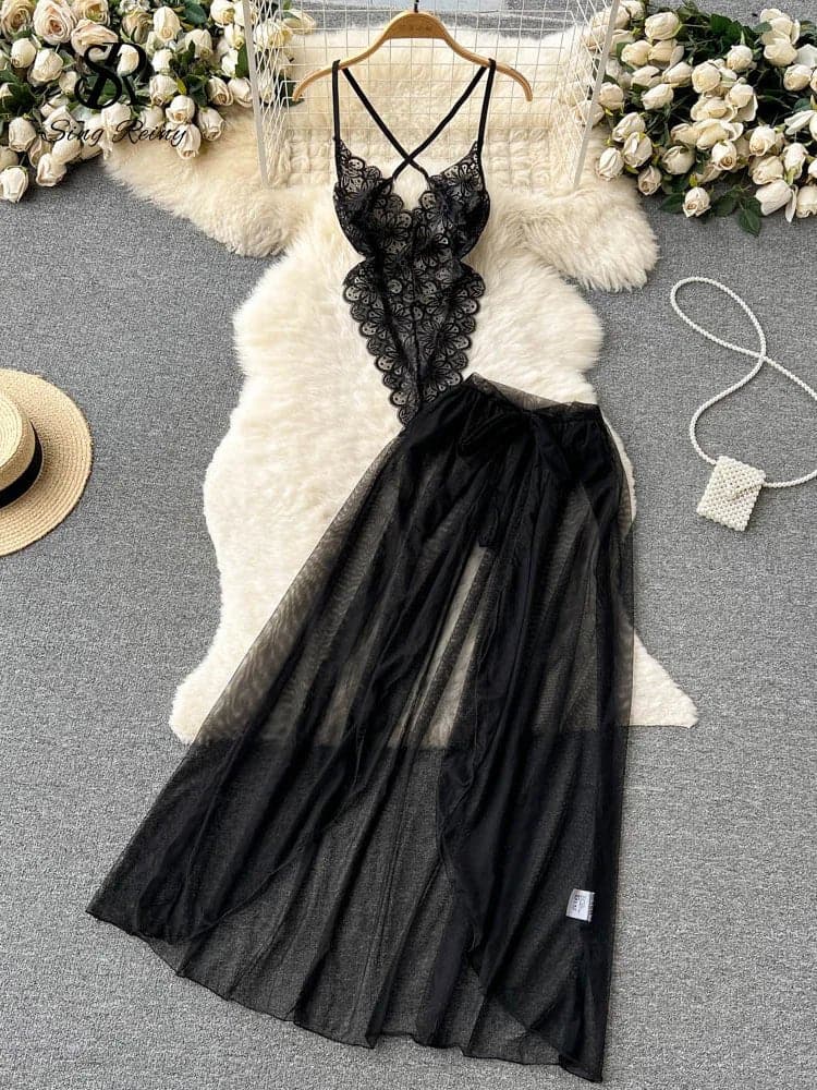 Sensual Lace Bodysuit with Chiffon Skirt - Sexy & Elegant Lingerie - Wandering Woman