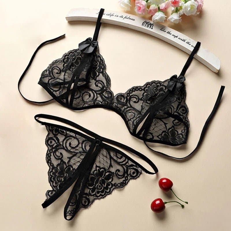 Sexy Bowknot Bra and Thong Set - Women's Hollow Out Lingerie Set - Wandering Woman