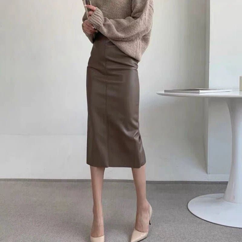 Sheepskin High Waist Skirt - Genuine Leather, Slim Fit, A-Line, Mid-Calf Length - Wandering Woman