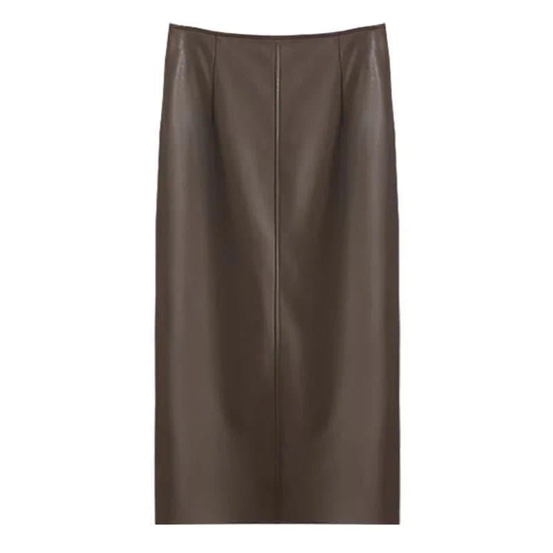 Sheepskin High Waist Skirt - Genuine Leather, Slim Fit, A-Line, Mid-Calf Length - Wandering Woman