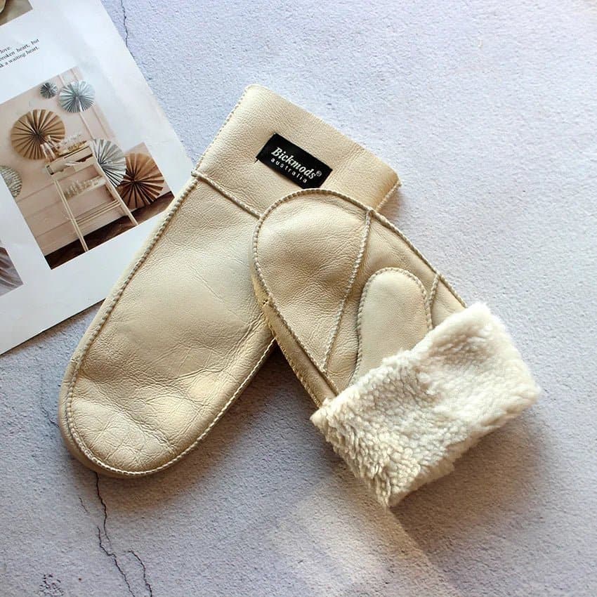 Sheepskin Leather Wool Mittens with Genuine Leather and Sheepskin Fur - Wandering Woman