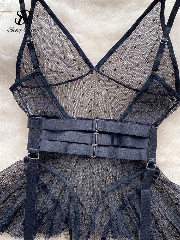 Sheer Corset Bodysuit Lingerie with Ruffles & Dot Pattern - Wandering Woman