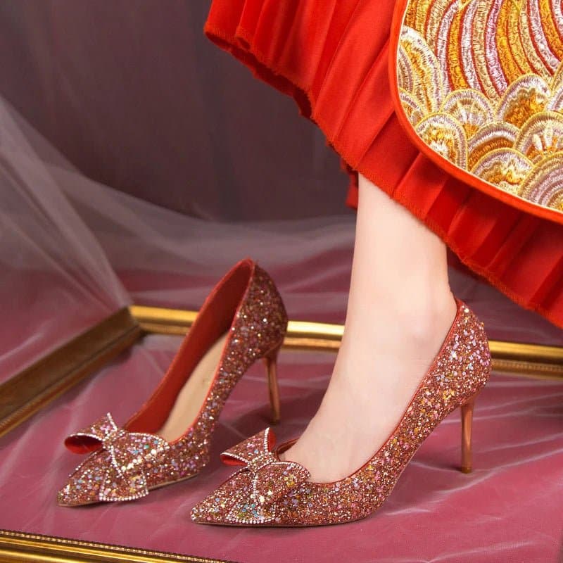 Shiny Glitter Pumps - Sparkling Sequined Cloth High Heels for Women - Wandering Woman