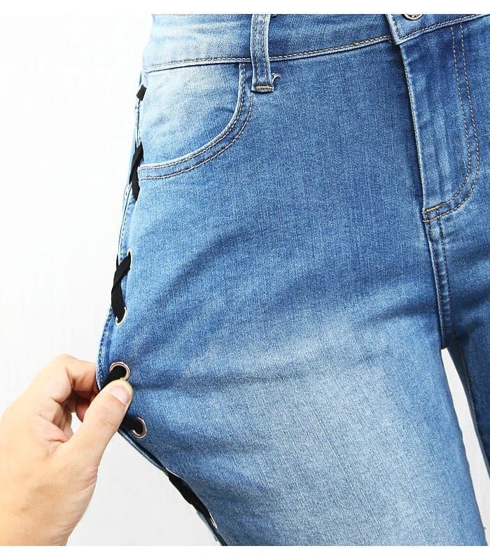 Side Split Bandage Jeans for Women with Pockets and Side Stripe Regular Fit - Wandering Woman