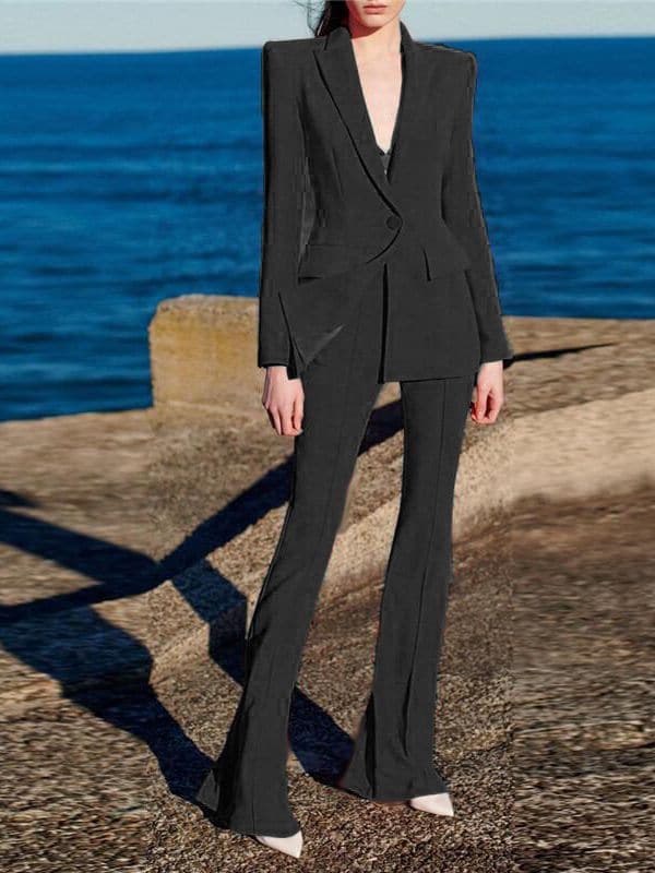 Single Button Blazer Flare Pants Suit - Wandering Woman