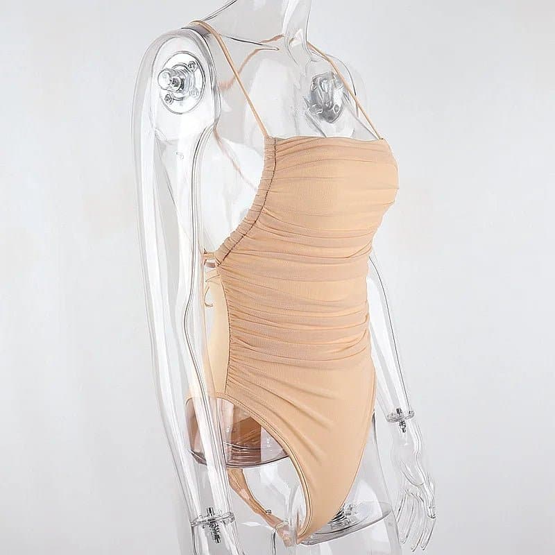 Sleeveless Mesh Ruched Bodysuit for Women - High Stretch, Sexy & Club Style - Wandering Woman