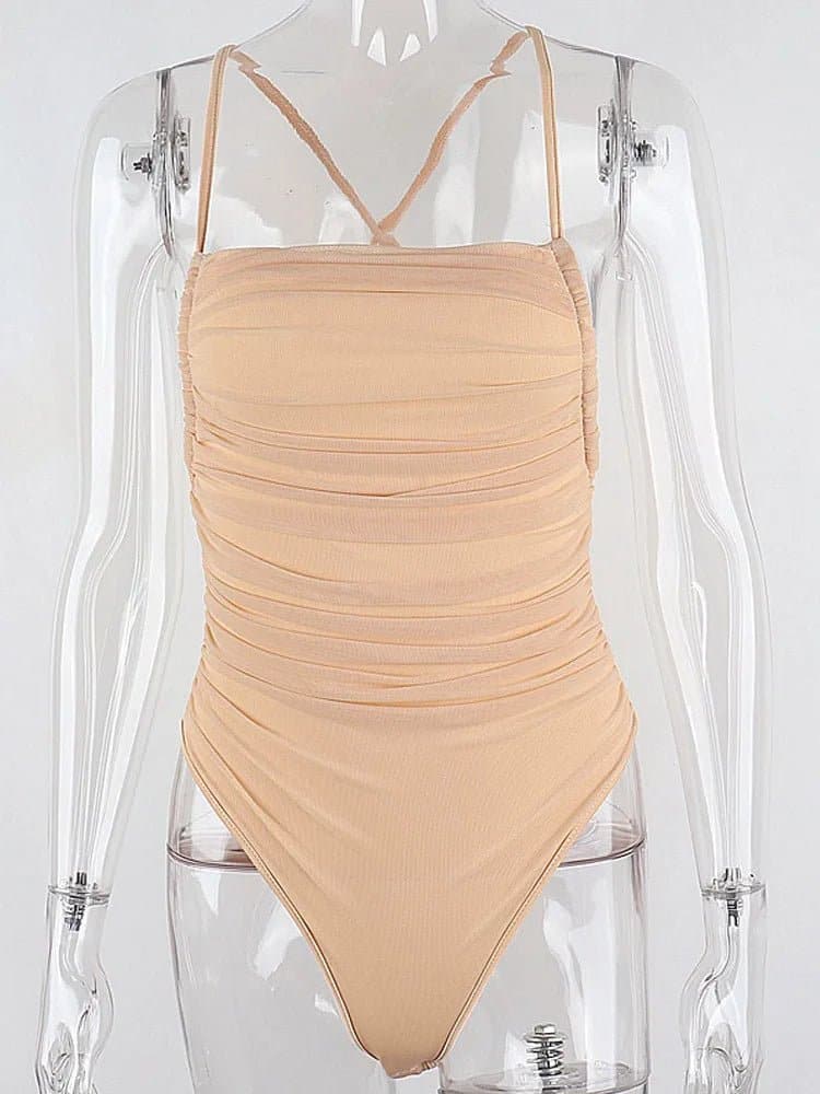Sleeveless Mesh Ruched Bodysuit for Women - High Stretch, Sexy & Club Style - Wandering Woman
