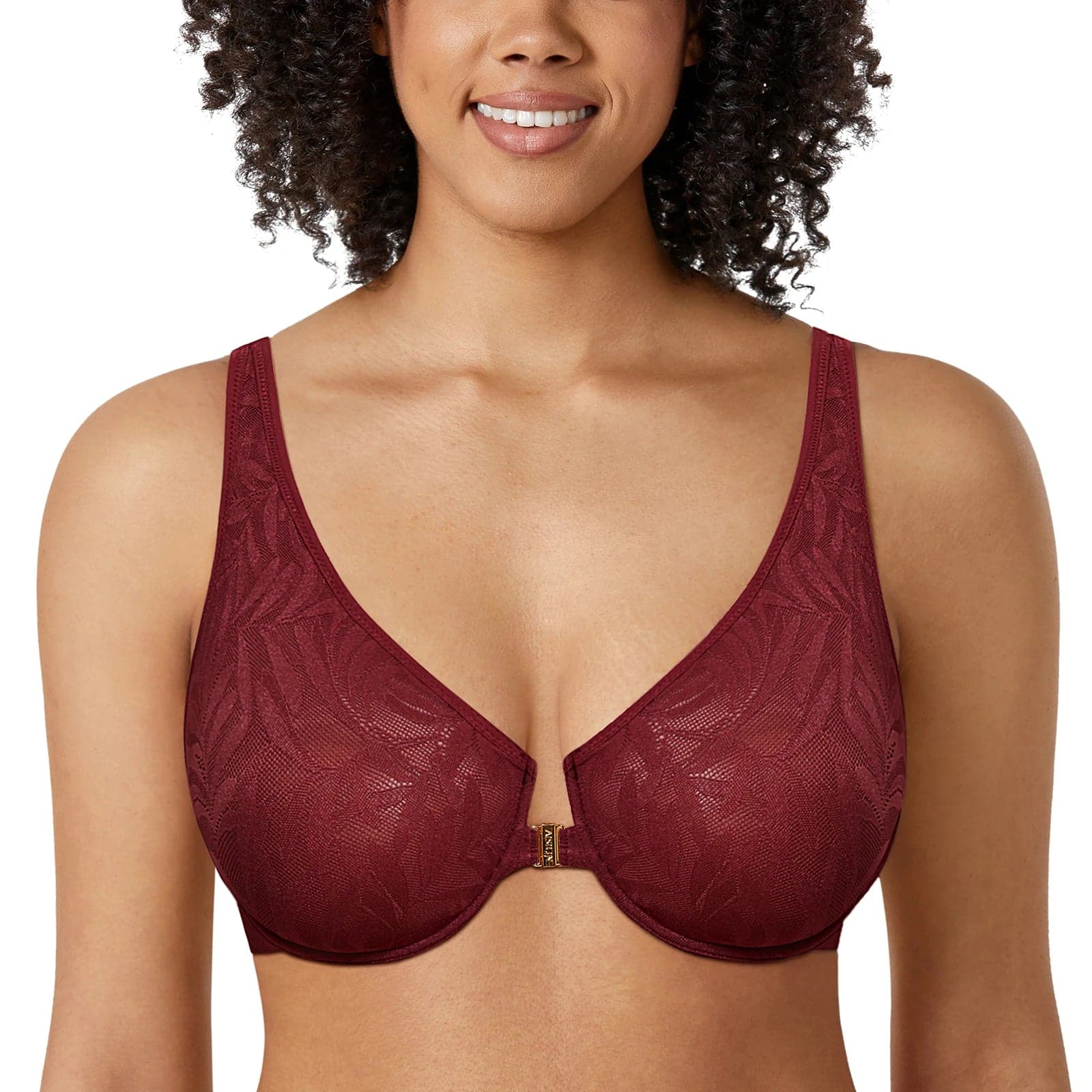 Soft Plunge Front Closure Bras - Smooth Floral Lace, Underwire, Full Cup, Thin Mold Cup - AISILIN - Wandering Woman