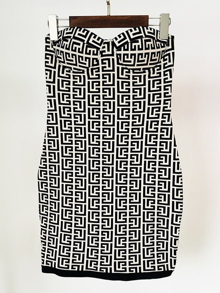 Strapless Geometric Monogram Jacquard Knitted Party Dress - Wandering Woman