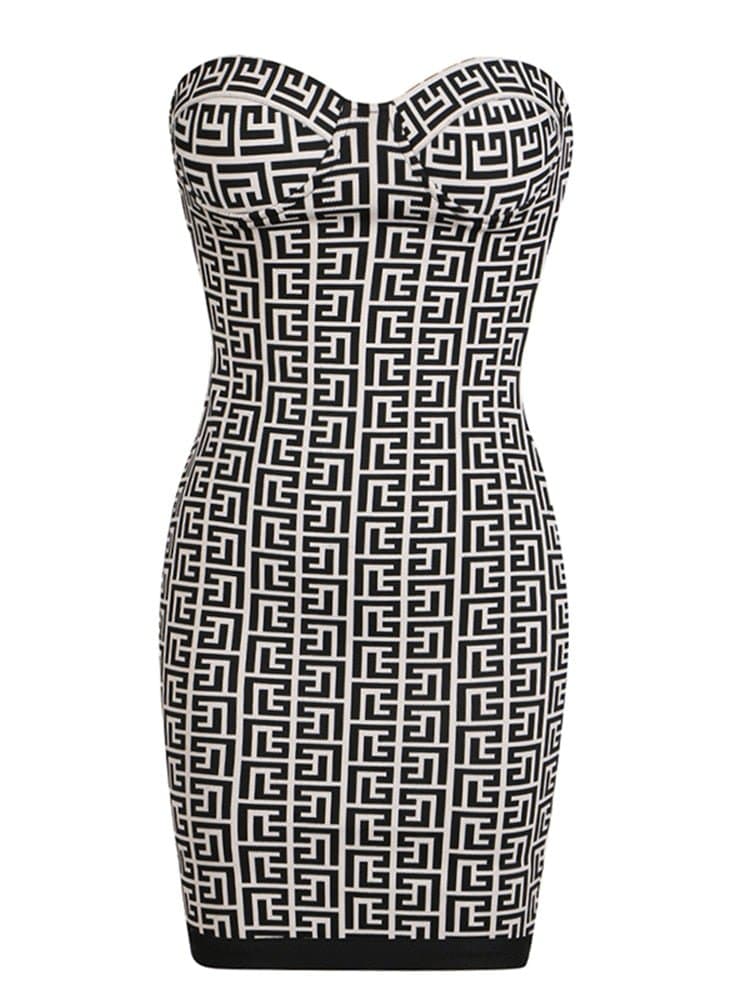 Strapless Geometric Monogram Jacquard Knitted Party Dress - Wandering Woman