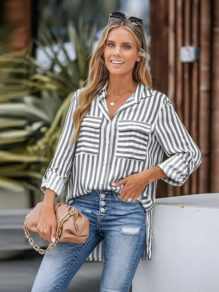 Striped Button-Up Front Pocket Shirt - Wandering Woman