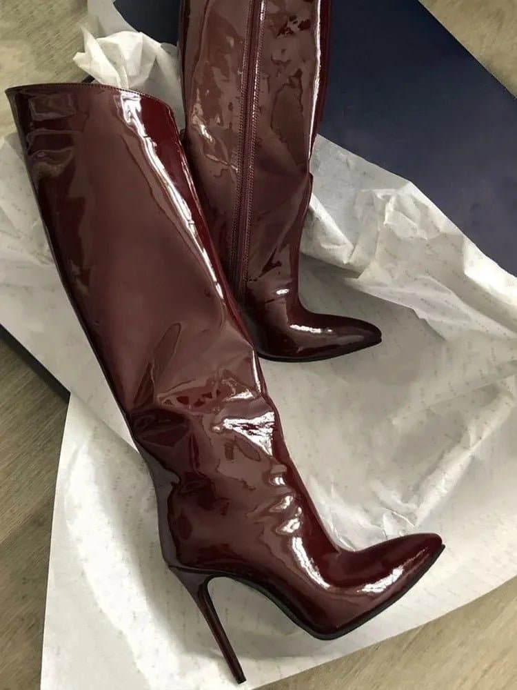 Thigh High Mirror High Heel Boots - Sexy Patent Leather Knee-High Boots with Bling for Women (12CM/10CM) - Wandering Woman