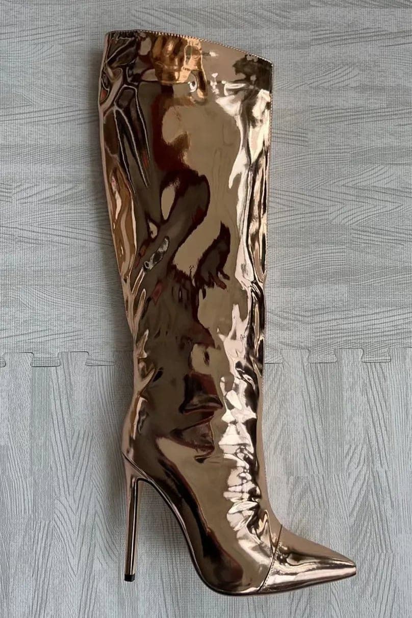 Thigh High Mirror High Heel Boots - Sexy Patent Leather Knee-High Boots with Bling for Women (12CM/10CM) - Wandering Woman