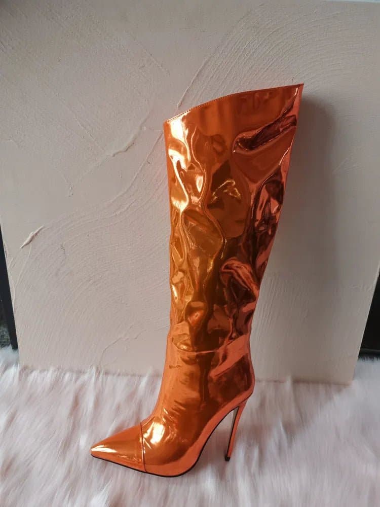 Thigh High Mirror High Heel Boots - Sexy Patent Leather Knee-High Boots with Bling for Women (12CM/10CM) - Wandering Woman